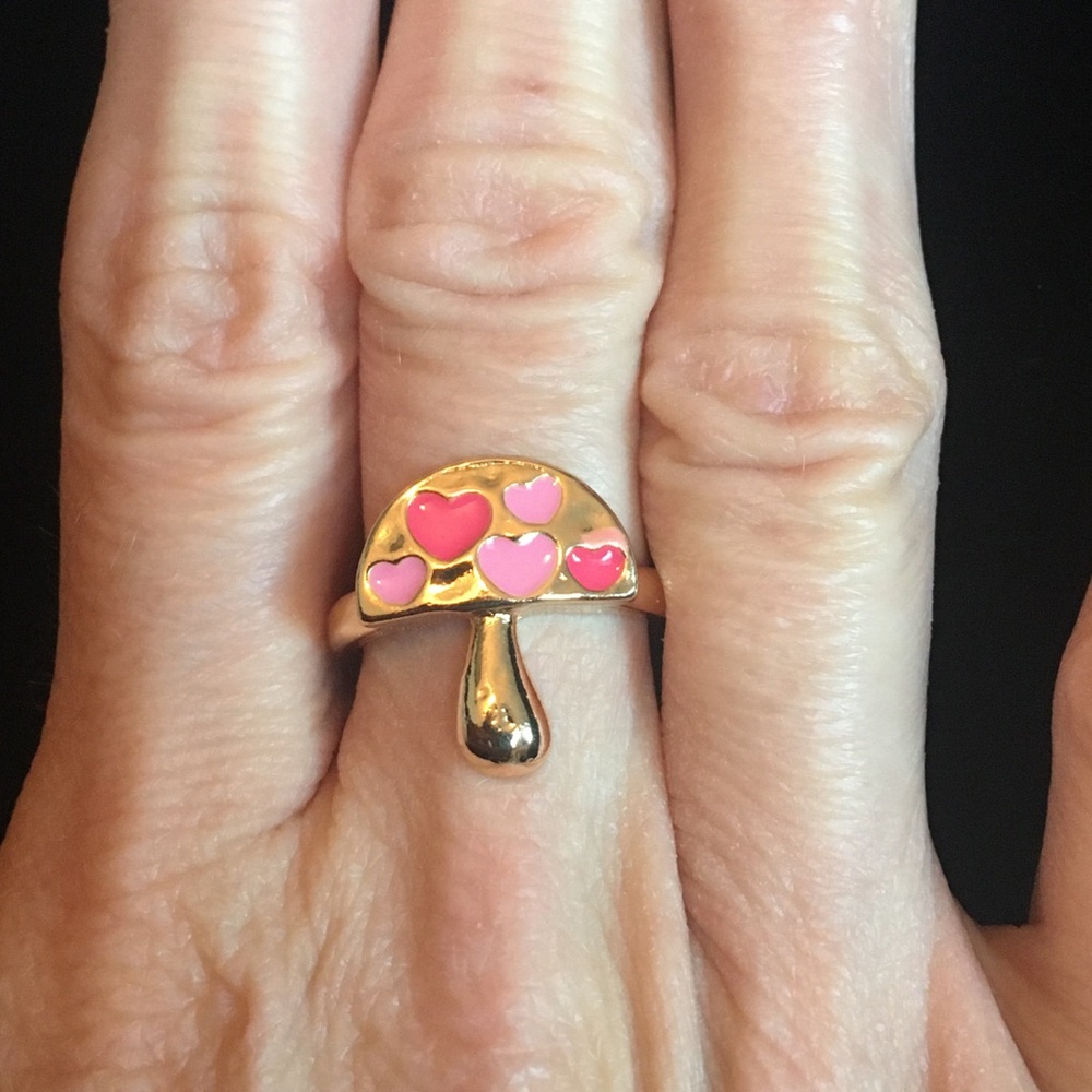 Gold Mushroom Ring with Pink Hearts